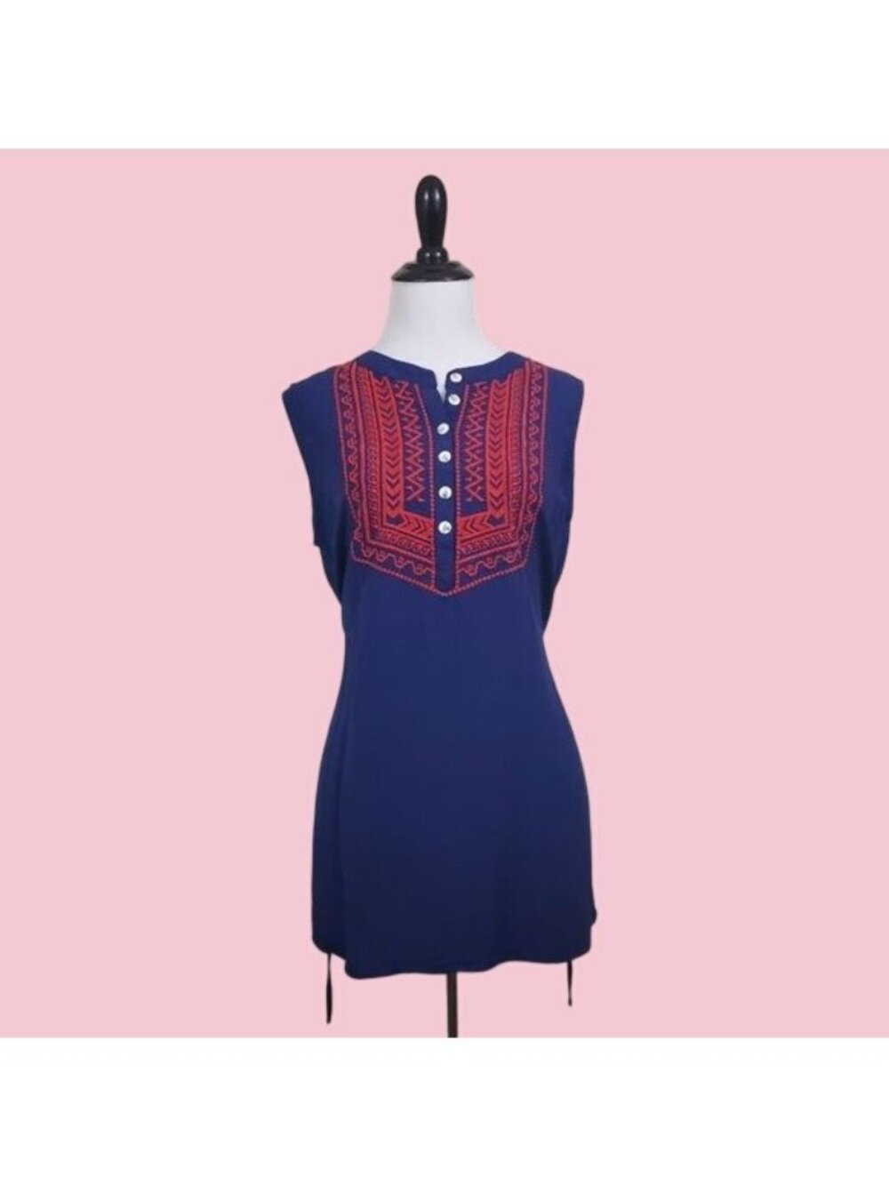 Charming Charlie Navy Blue Red Embroidered Boho Tunic Top Medium Festival